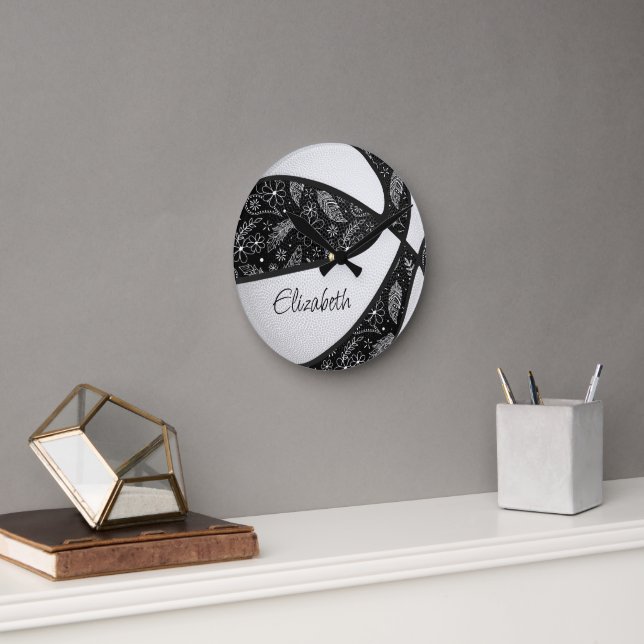 svart vit flickig boho paislies mönster basketboll rund klocka (Kontor)