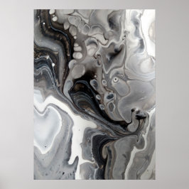 Svart Vit Fluid Marmor Abstrakt Grå Silver Poster