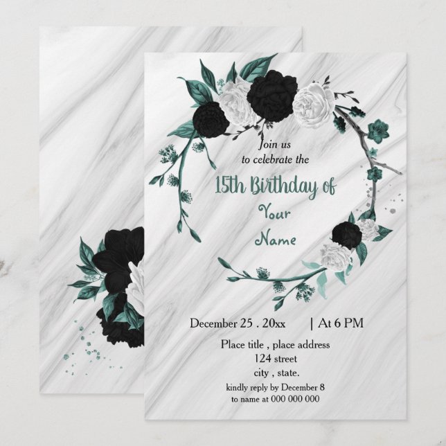 Svart vit födelsedagsfest av tårblått andedräkt inbjudningar (Fram/baksida)