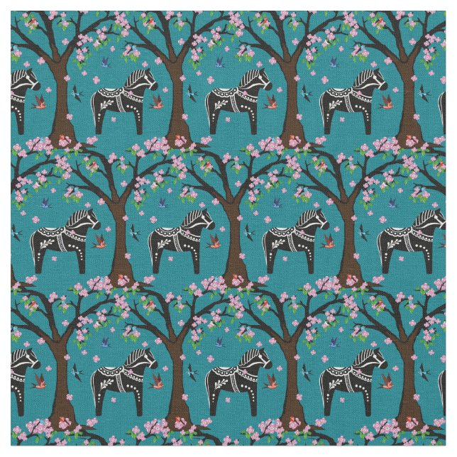 Svart/vit folkdala häst/folkfåglar/blommor tyg (Närbild)