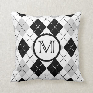 Svart vit för Monogram och grå Argyle dekorativ Kudde