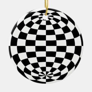Svart vit för optisk illusionrundacheckers julgransprydnad keramik