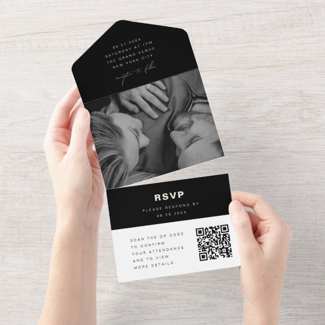 Svart & Vit Foto QR-kod RSVP Modern Bröllop (Avrivbar del)