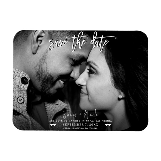 Svart & Vit Foto Script Spara datum Bröllop Magnet (Horisontell)