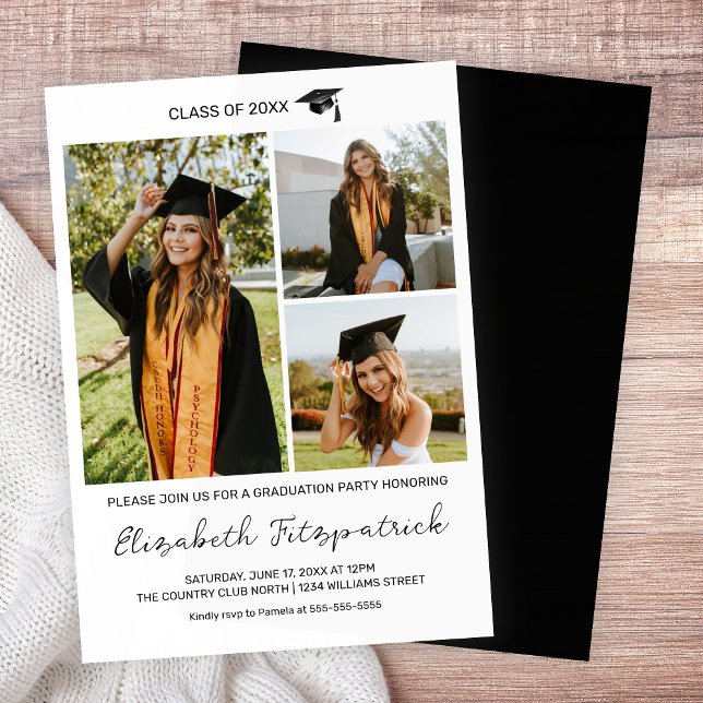 Svart-vit fotokollage Examen Inbjudningar (Black and White Photo Collage Graduation Invitation)