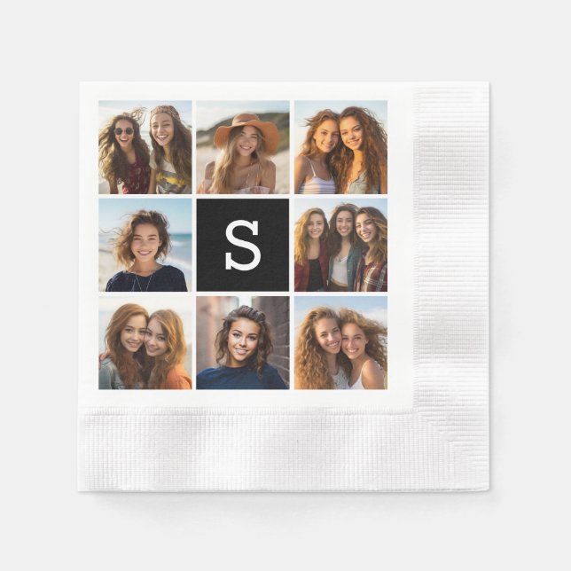 Svart-vit fotokollage med anpassad monogram pappersservett (Framsidan)