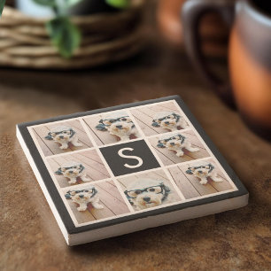 Svart-vit fotokollage med anpassad monogram underlägg sten