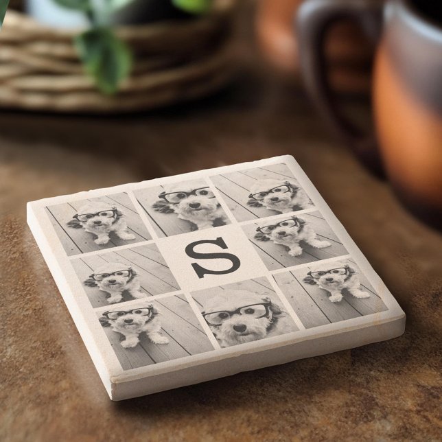 Svart-vit fotokollage med monogram stenunderlägg (Custom Stone Coaster)