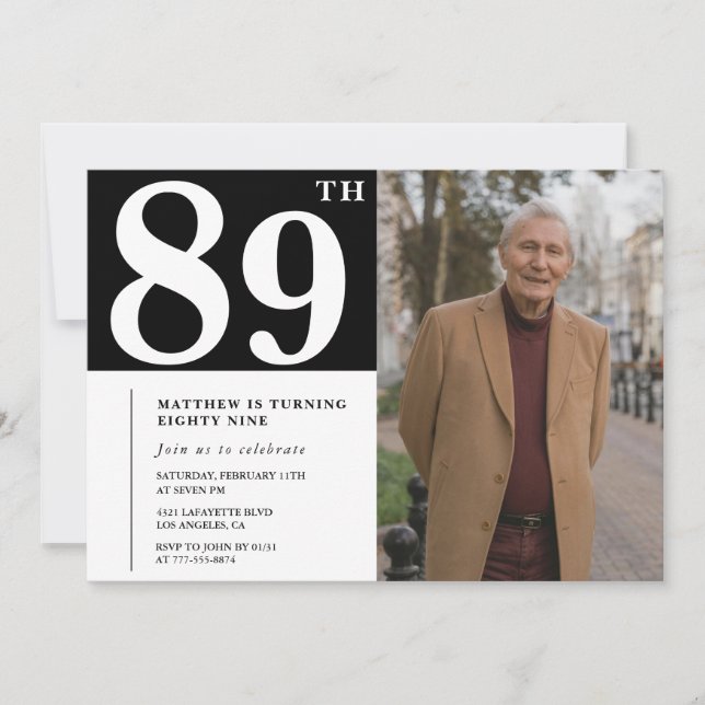 Svart-vit fotomän 89-års födelsedagsinbjudan inbjudningar (Framsida)