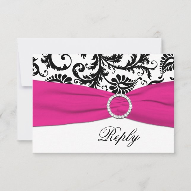 Svart, vit, fuchsia damask-svarvkort OSA kort (Framsida)