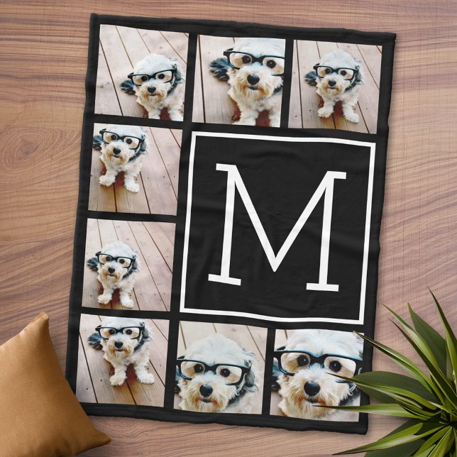 Svart & Vit Fyrkant 8 Fotokollage Monogram Fleecefilt (Personalized Fleece Blanket - Add Photos and Text or Customize completely in advanced design area)