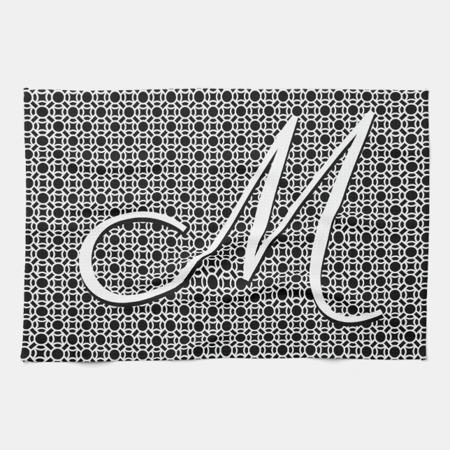 Svart & vit geometrisk initialmonogram kökshandduk (Horisontell)