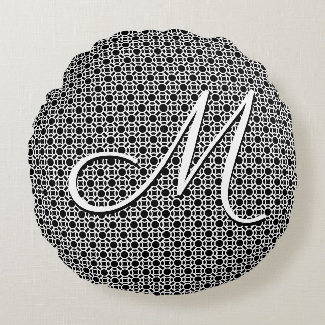Svart & vit geometrisk initialmonogram rund kudde (Framsidan)