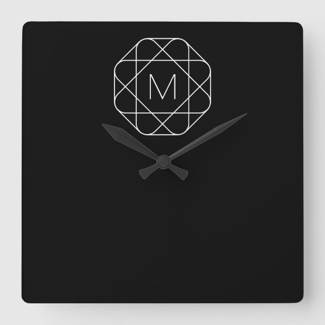 Svart & vit geometrisk monogram fyrkantig klocka (Framsida)