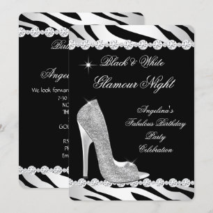 Svart Vit Glamour Natt Zebra Glitter Klack Inbjudningar
