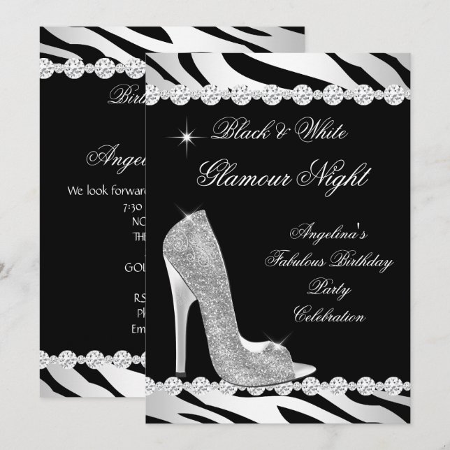 Svart Vit Glamour Natt Zebra Glitter Klack Inbjudningar (Fram/baksida)
