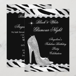 Svart Vit Glamour Natt Zebra Glitter Klack Inbjudningar