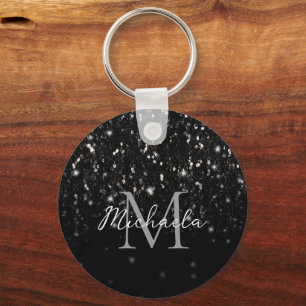 Svart, vit, glansig, glitter-gläns, monogram nyckelring