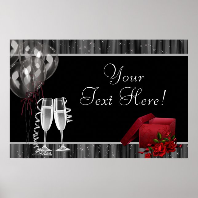 Svart Vit Glitter Champagne Fest Banner Poster (Framsidan)
