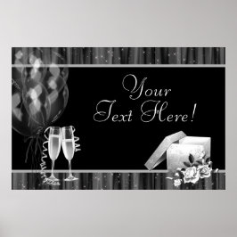 Svart Vit Glitter Champagne Fest Banner Poster