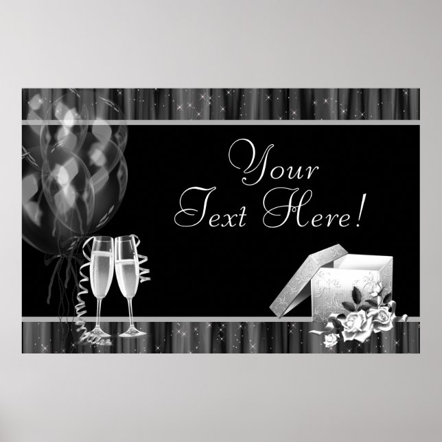 Svart Vit Glitter Champagne Fest Banner Poster (Framsidan)
