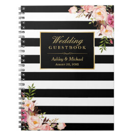 Svart vit görar randig blom- bröllopGuestbook Anteckningsbok
