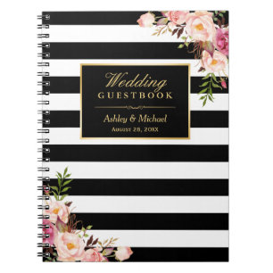 Svart vit görar randig blom- bröllopGuestbook Anteckningsbok