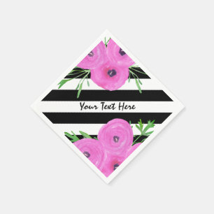 Svart vit görar randig rosa Ranunculusblommigt Pappersservett