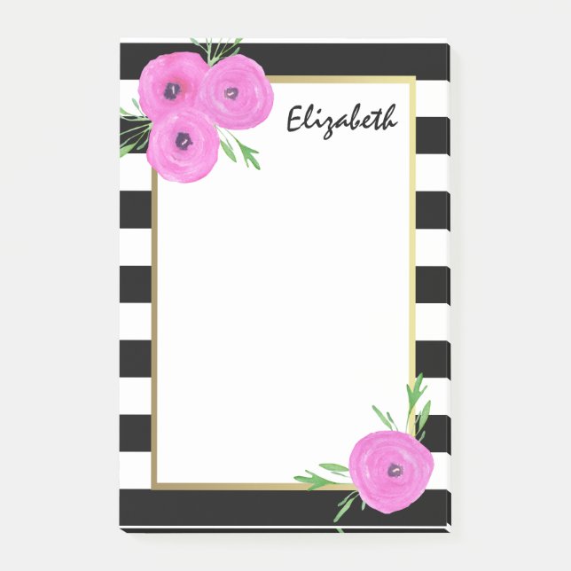 Svart vit görar randig rosa Ranunculusblommigt Post-it Block (Framsida)