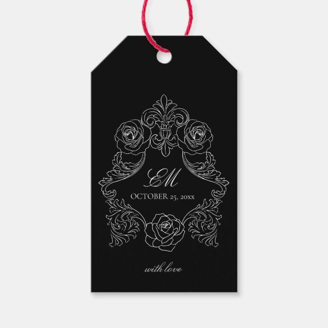 Svart & Vit gotisk vigselmonogram Presentetikett (Framsidan)