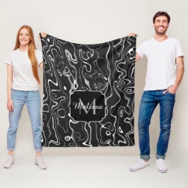 Svart vit grå damaskus abstrakta virvlar Monogram Fleecefilt
