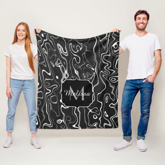 Svart vit grå damaskus abstrakta virvlar Monogram Fleecefilt (På plats)