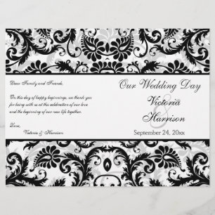 Svart, vit, Grått Blommigt Damask Wedding Program