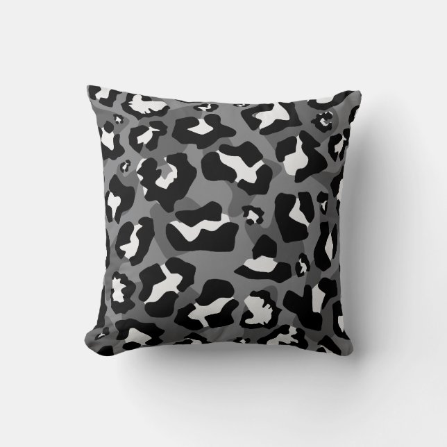 Svart, vit, grått leopard, mönster kudde (Framsida)