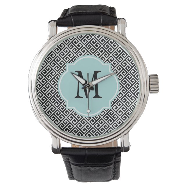 Svart & vit grekisk nyckel-mönster armbandsur (Framsida)