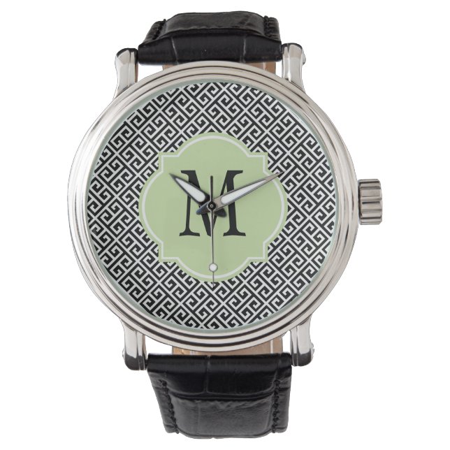 Svart & vit grekisk nyckel-mönster armbandsur (Framsida)