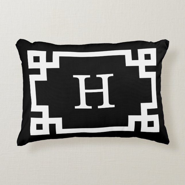 Svart Vit Grekisk Nyckel Ram #2 Initial Monogramm Prydnadskudde (Framsidan)