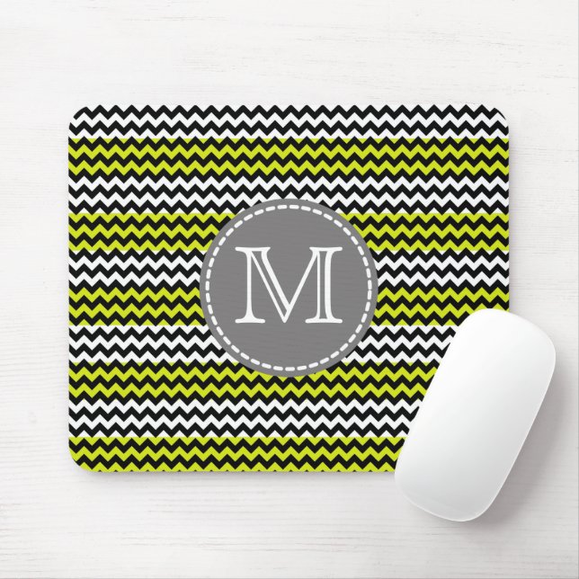 Svart Vit Grön Chevron Sicksack Monogram Musmatta (Med mus)