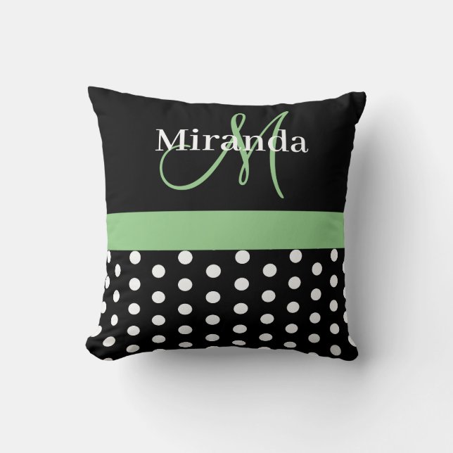 Svart Vit Grön Monogram Skript Prickar Kudde (Framsida)