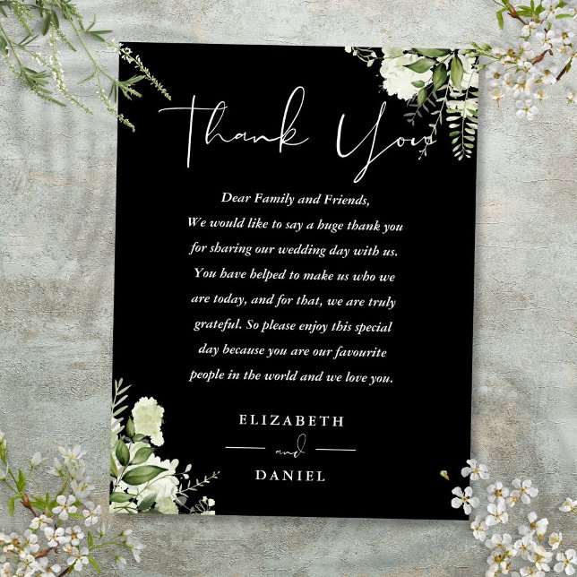 Svart Vit Grönska Tack Bröllopsplatskort Vykort (Black White Greenery Thank You Wedding Place Card)
