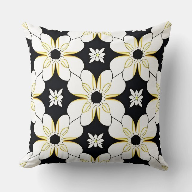 Svart Vit Gul Blommig Geometrisk Modern Dekor Kudde (Framsida)