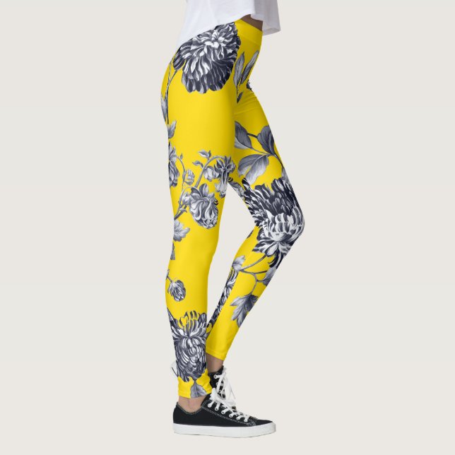 Svart & vit gula botaniska blom- Toile Leggings (Höger)