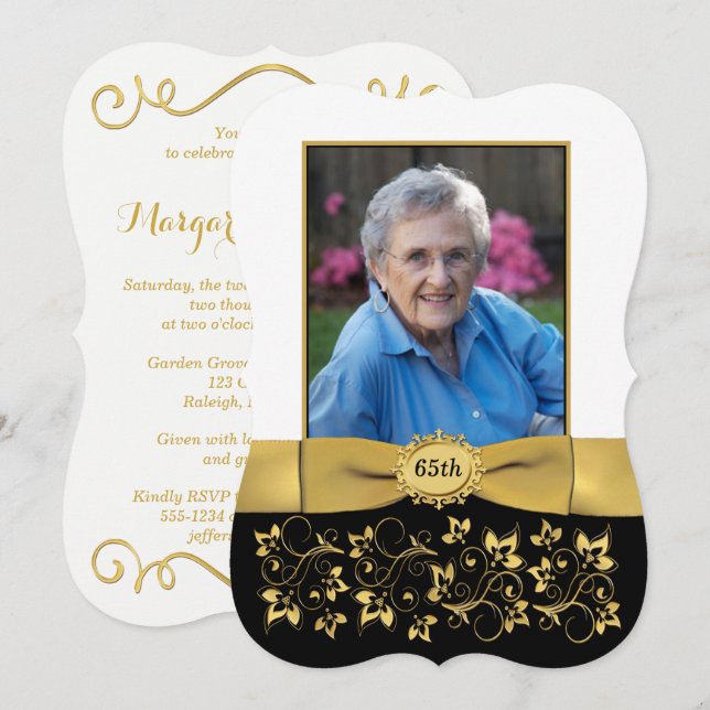Svart, vit, Guld 65e Fotofödelsedag Inbjudan 2 (Fram/baksida)