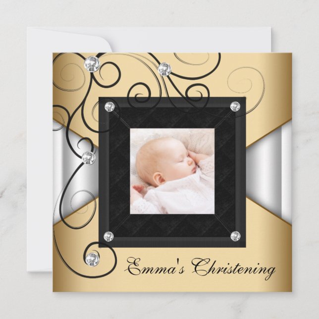 Svart Vit Guld Baby Flicka Foto Dop Inbjudningar (Framsida)