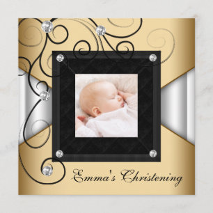 Svart Vit Guld Baby Flicka Foto Dop Inbjudningar