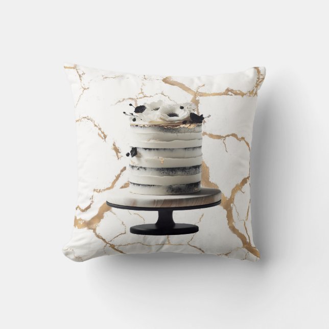 Svart & Vit Guld Blommig Flerlagskaka Bröllopsfest Kudde (Framsida)