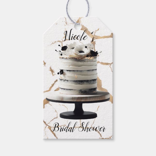 Svart & Vit Guld Blommig Flerplans Tårta Bröllopsd Presentetikett (Framsidan)