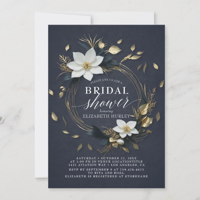 Svart Vit Guld Blommig Krans Bröllopsfest Inbjudningar (Framsida)