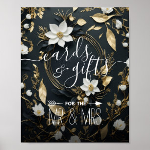 Svart Vit Guld Blommig Krans Kort Gåvor Bröllop Poster