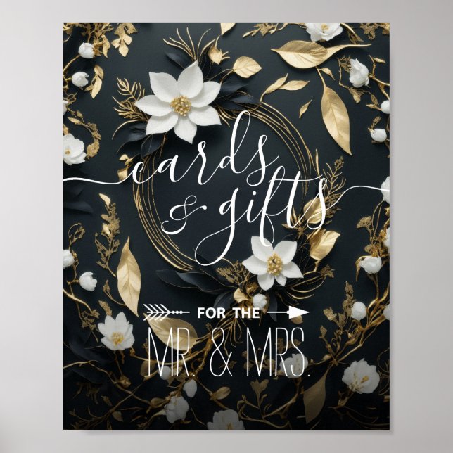 Svart Vit Guld Blommig Krans Kort Gåvor Bröllop Poster (Framsidan)